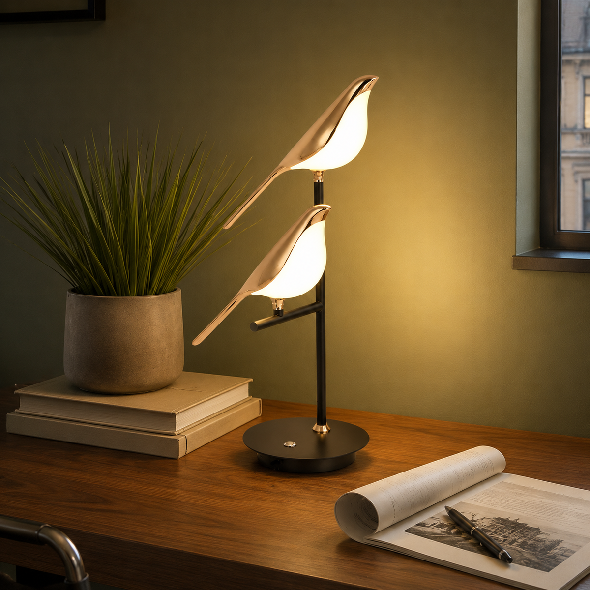 Table Lamp | Sculptural Two Bird LED Accent Light, Metal Construction, Gold Finish 1 Image