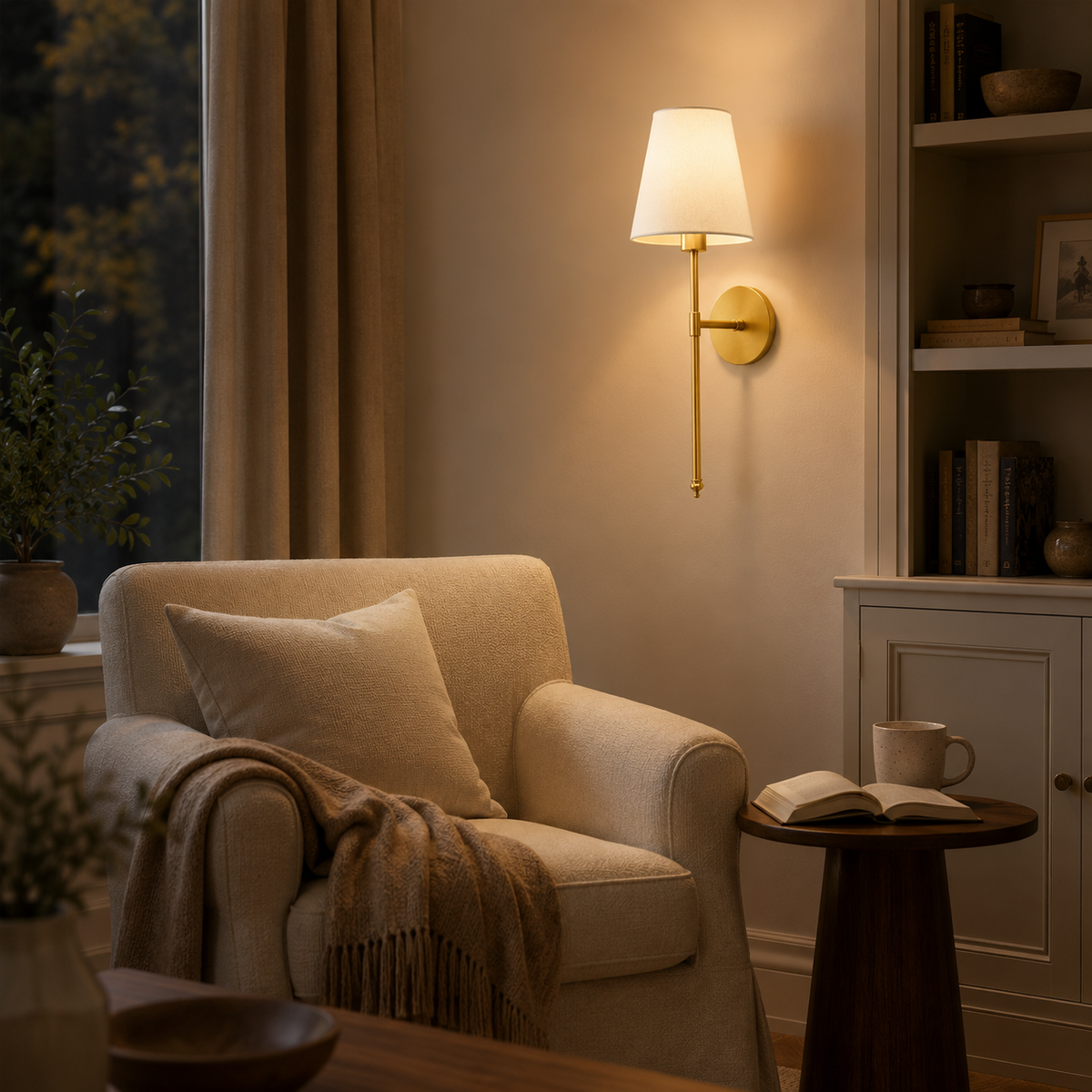 Wireless Wall Sconces Set of 2 with Peel and Stick Mount, Metal Arm, White Fabric Shade 8 Image