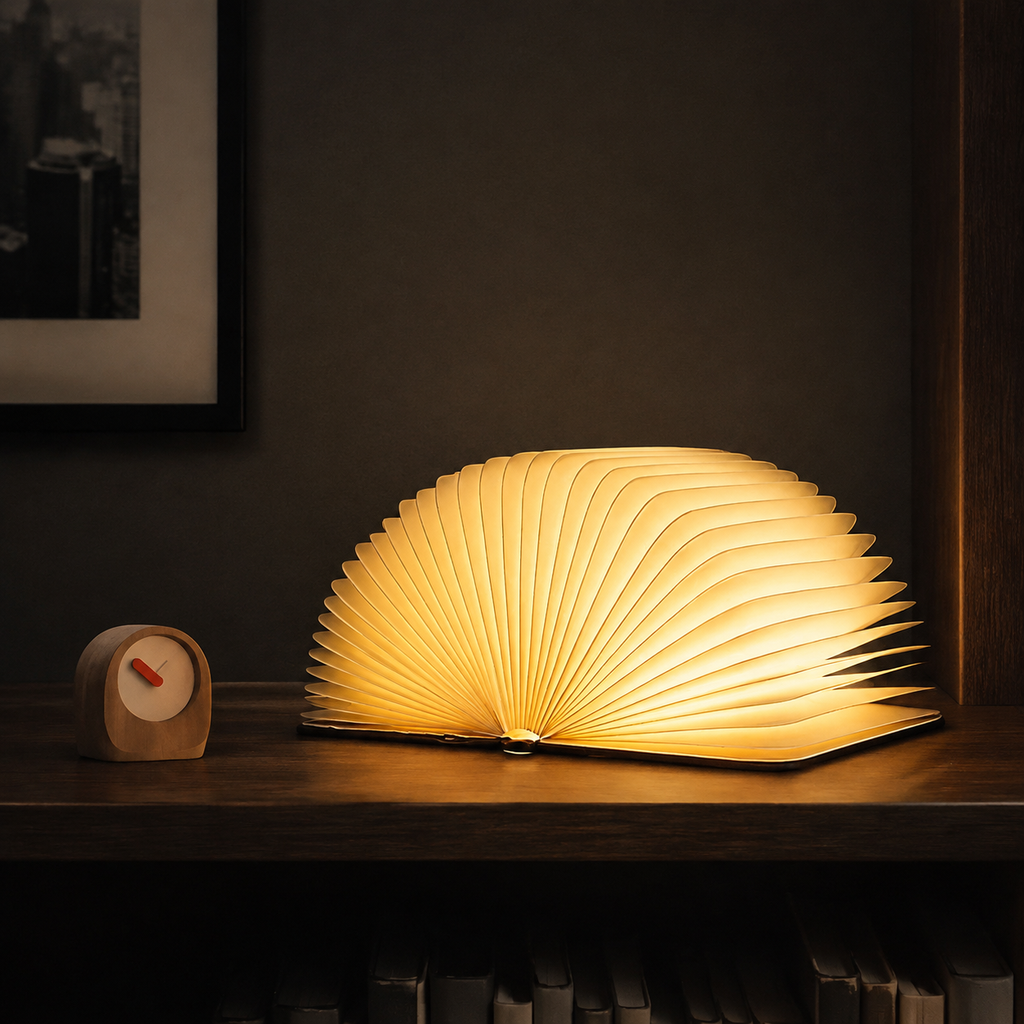 Book Lamp | 360 Degree Foldable Rechargeable Light, Wood And Paper, Natural 1