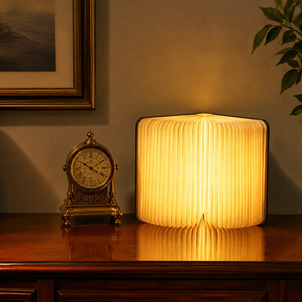 Book Lamp | 360 Degree Foldable Rechargeable Light, Wood And Paper, Natural 2