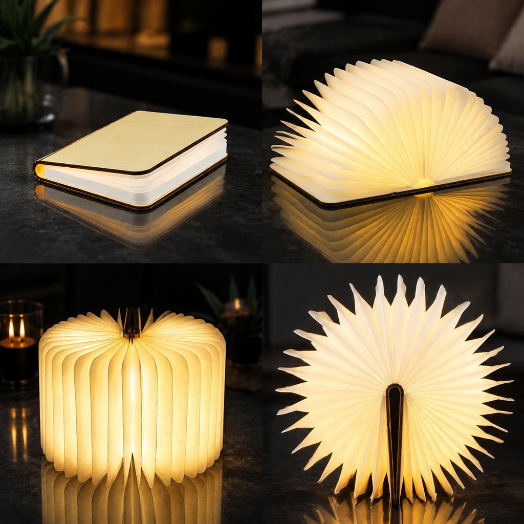 Book Lamp | 360 Degree Foldable Rechargeable Light, Wood And Paper, Natural 5