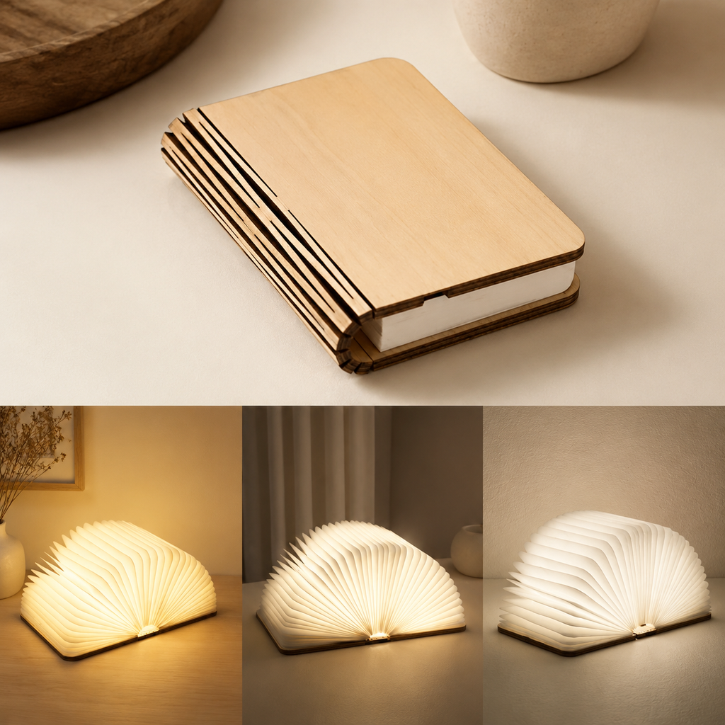 Book Lamp | 360 Degree Foldable Rechargeable Light, Wood And Paper, Natural 7