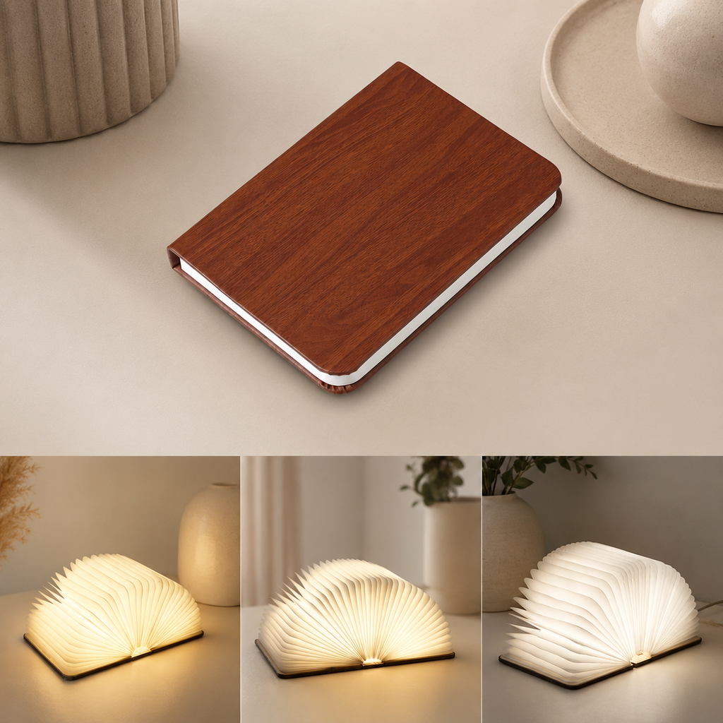 Book Lamp | 360 Degree Foldable Rechargeable Light, Wood And Paper, Natural 8