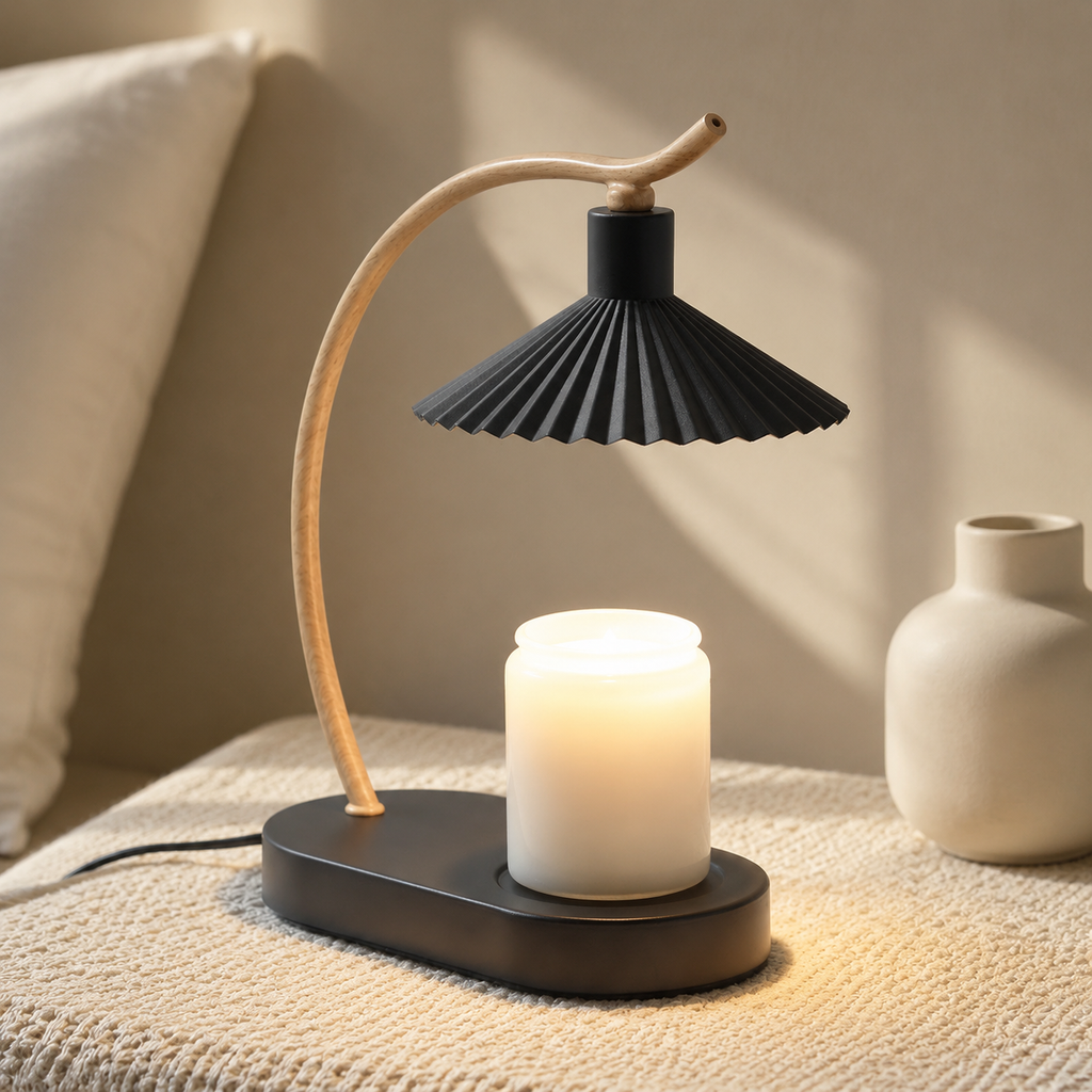 Candle Warmer Lamp | Curved Wood Accent, Pleated Metal Shade, Black Or White 1