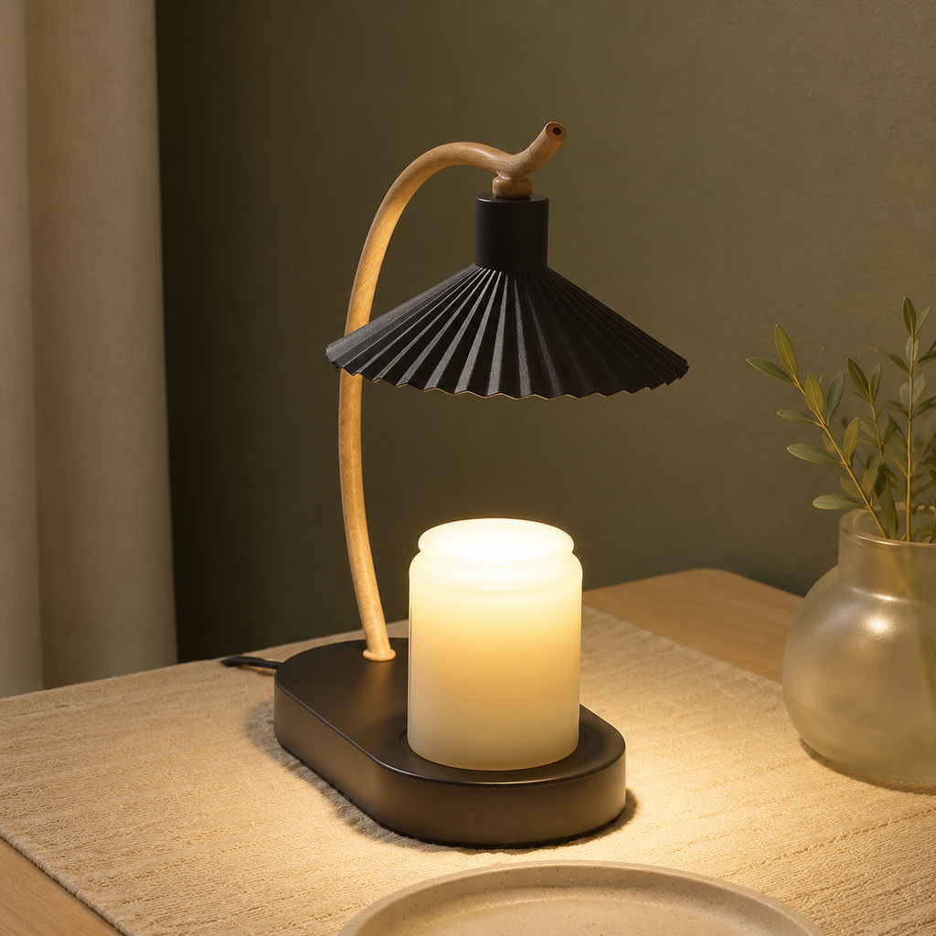 Candle Warmer Lamp | Curved Wood Accent, Pleated Metal Shade, Black Or White 4