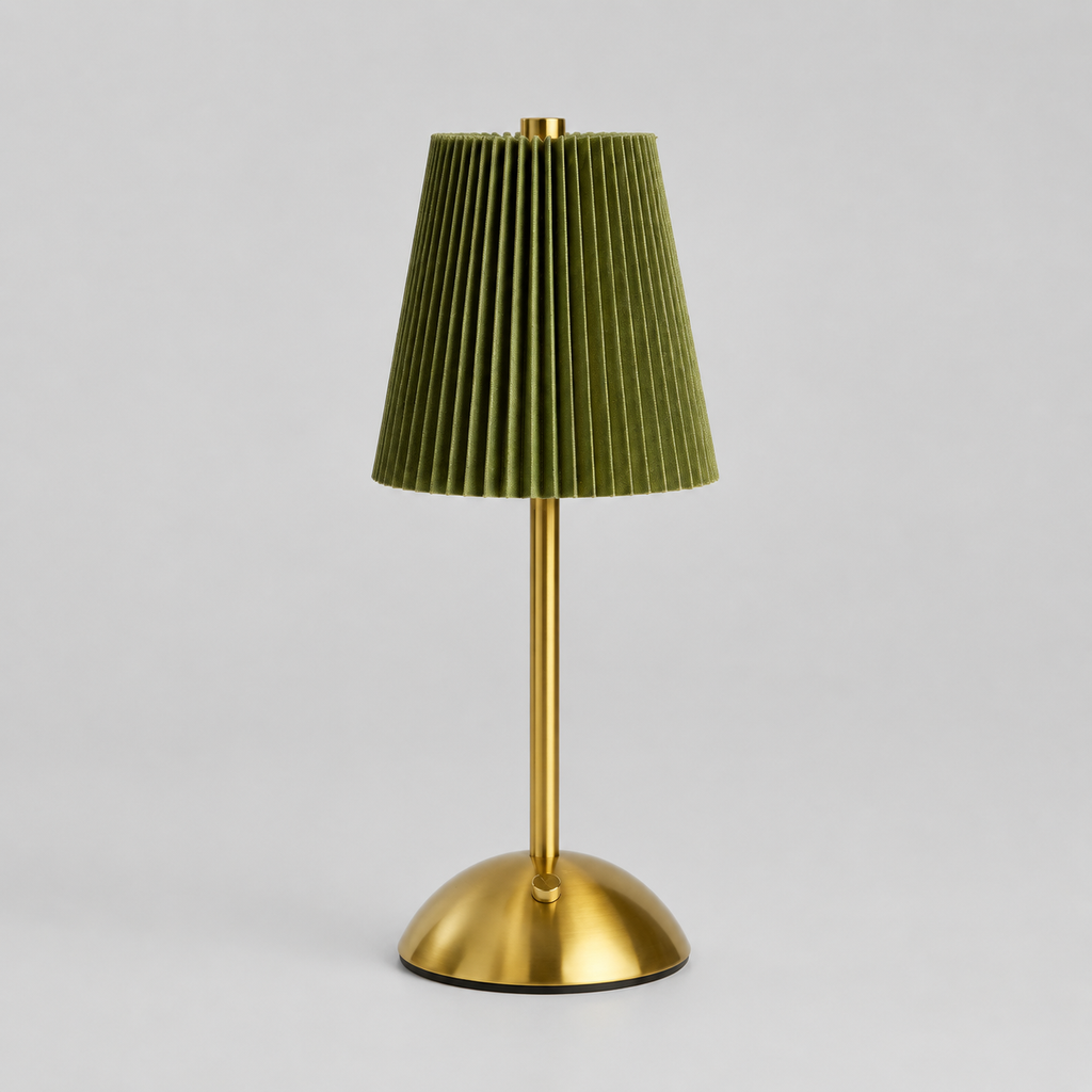 Green Pleated Fabric Table Lamp – Touch Control, Brass-Tone Base 0
