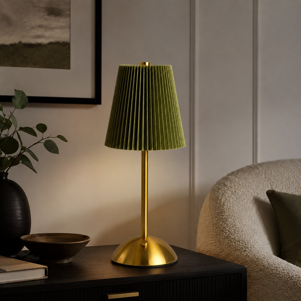 Green Pleated Fabric Table Lamp – Touch Control, Brass-Tone Base 3