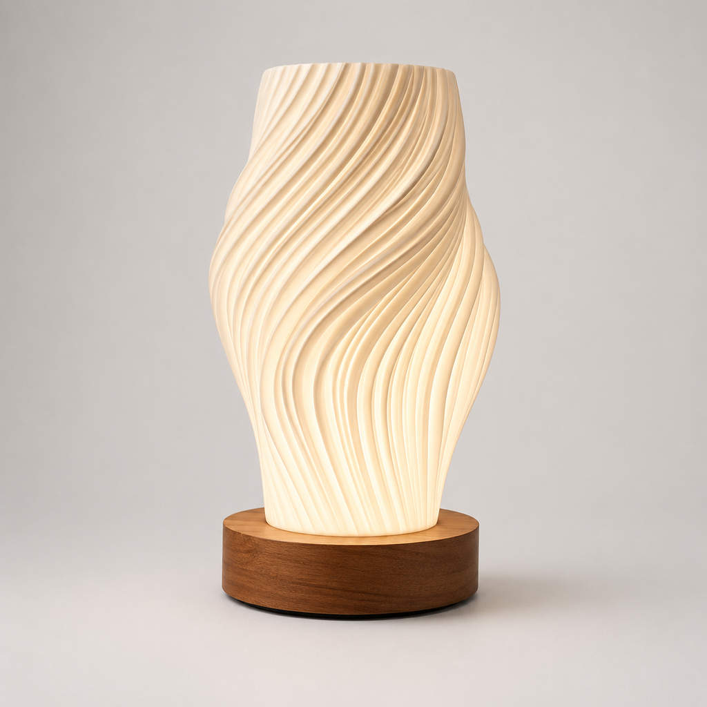 Sculptural Pleated Bedside Light with Walnut Wood Base, Warm White 0