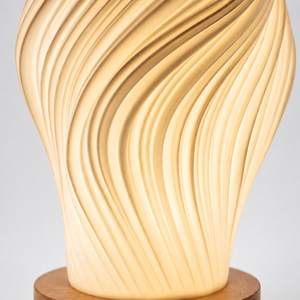 Sculptural Pleated Bedside Light with Walnut Wood Base, Warm White 1