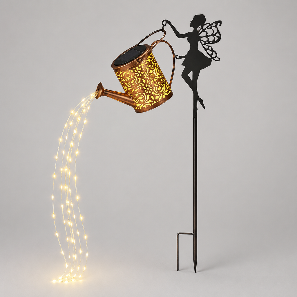 Solar Fairy Watering Can Garden Light – Cascading String Lights on Stake 0