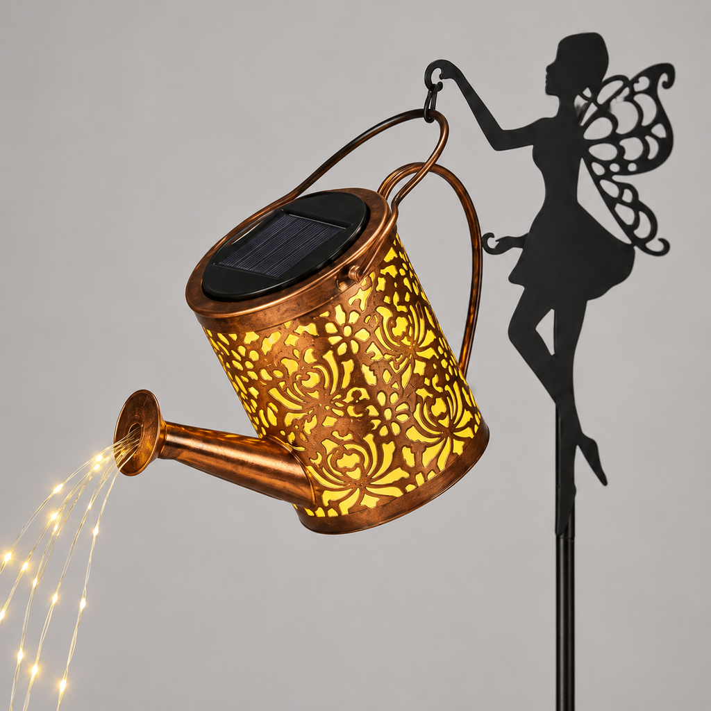 Solar Fairy Watering Can Garden Light – Cascading String Lights on Stake 1