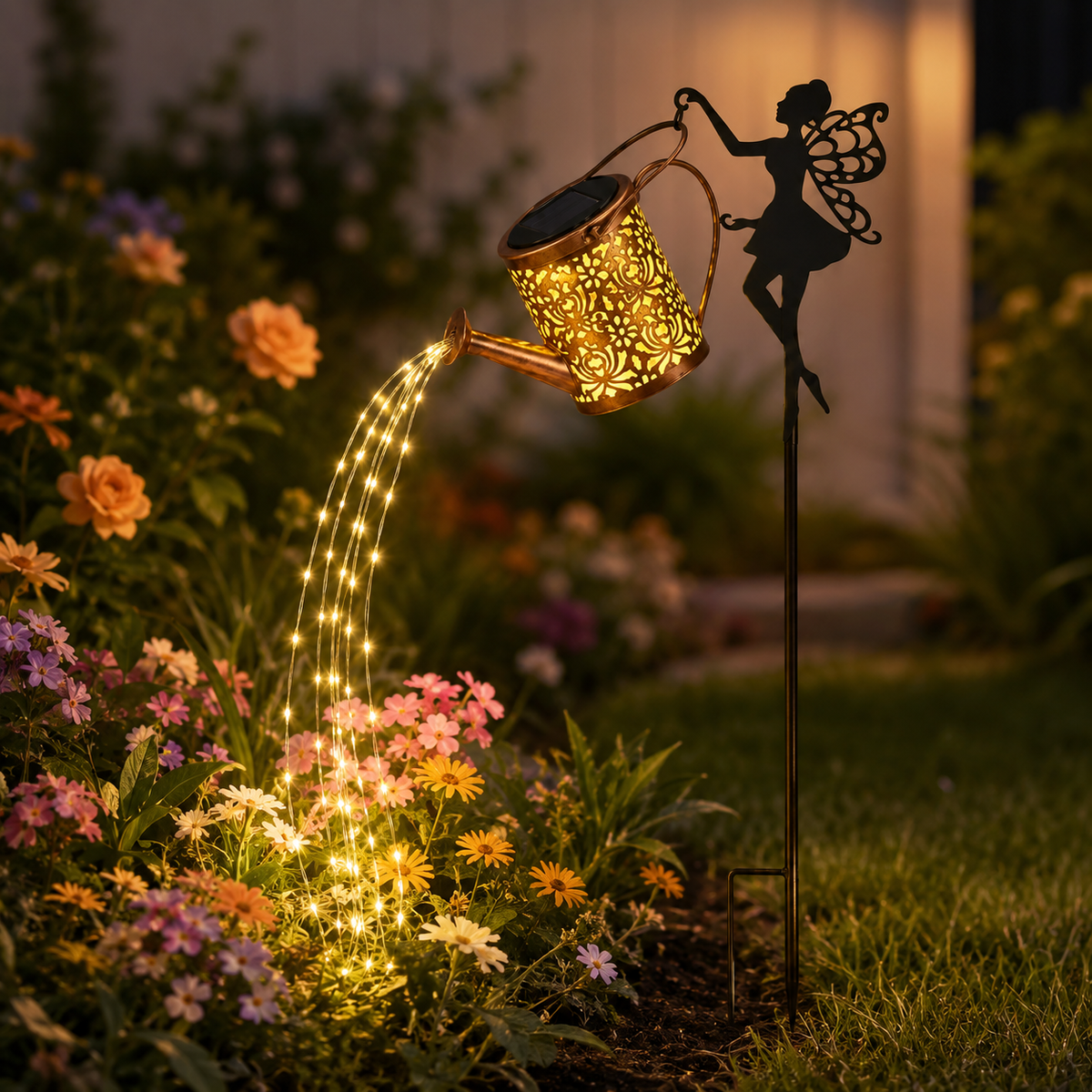 Solar Fairy Watering Can Garden Light – Cascading String Lights on Stake 2
