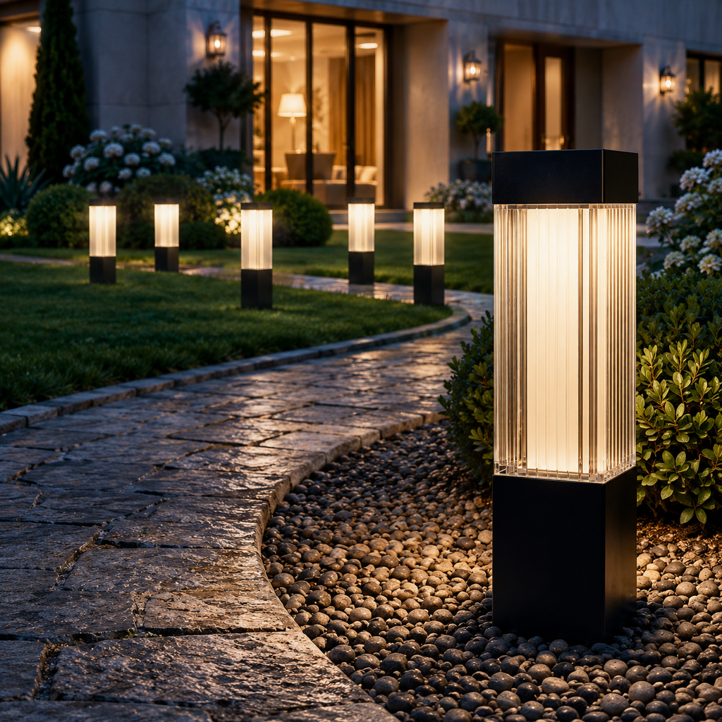 Solar Pathway Bollard Lights Set of 4 – LED Garden Path Lamps with Ribbed Shade, Warm White 2