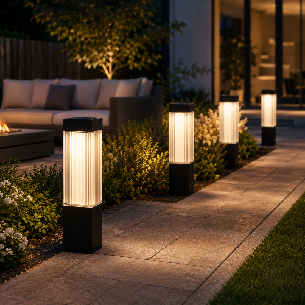 Solar Pathway Bollard Lights Set of 4 – LED Garden Path Lamps with Ribbed Shade, Warm White 3