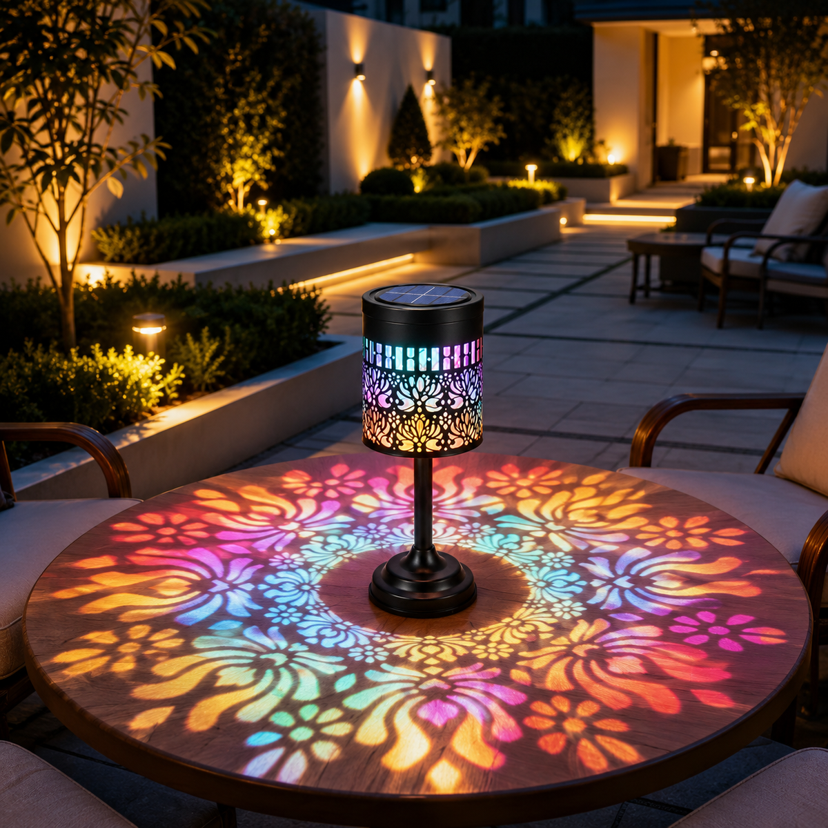 Solar Projection Table Lamp – Colorful Peony Pattern Light, Cordless Outdoor Lantern 2