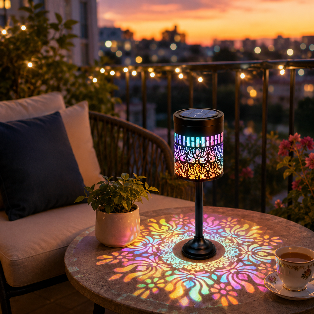 Solar Projection Table Lamp – Colorful Peony Pattern Light, Cordless Outdoor Lantern 3