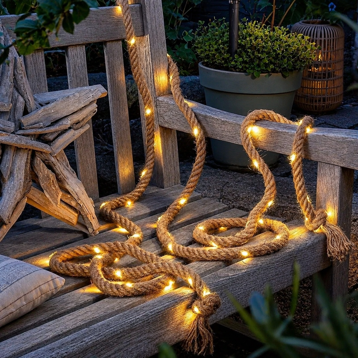 Solar Rope Lights | 100 LED Hemp Rope, Solar Powered, Natural Brown 0