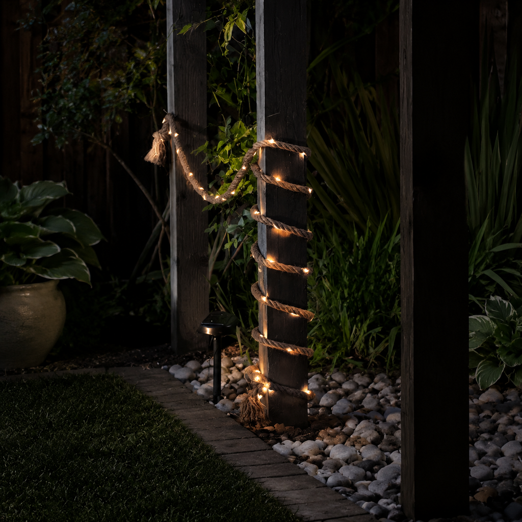 Solar Rope Lights | 100 LED Hemp Rope, Solar Powered, Natural Brown 1