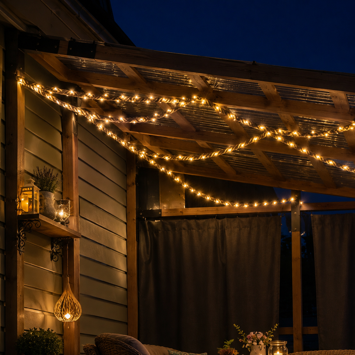 Solar Rope Lights | 100 LED Hemp Rope, Solar Powered, Natural Brown 5