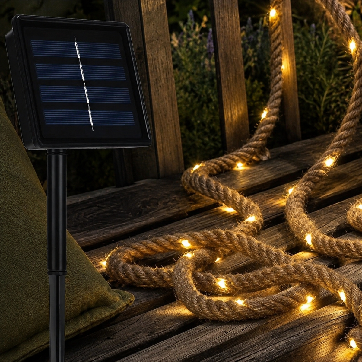 Solar Rope Lights | 100 LED Hemp Rope, Solar Powered, Natural Brown 6