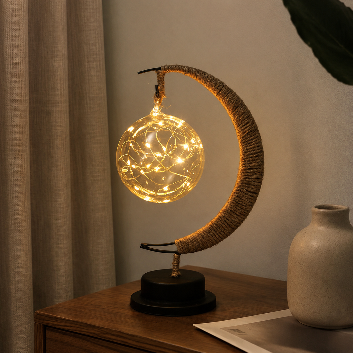 Table Lamp, Crescent Moon Hanging Globe Design, Painted Iron And Hemp, Selectable Color Light 0