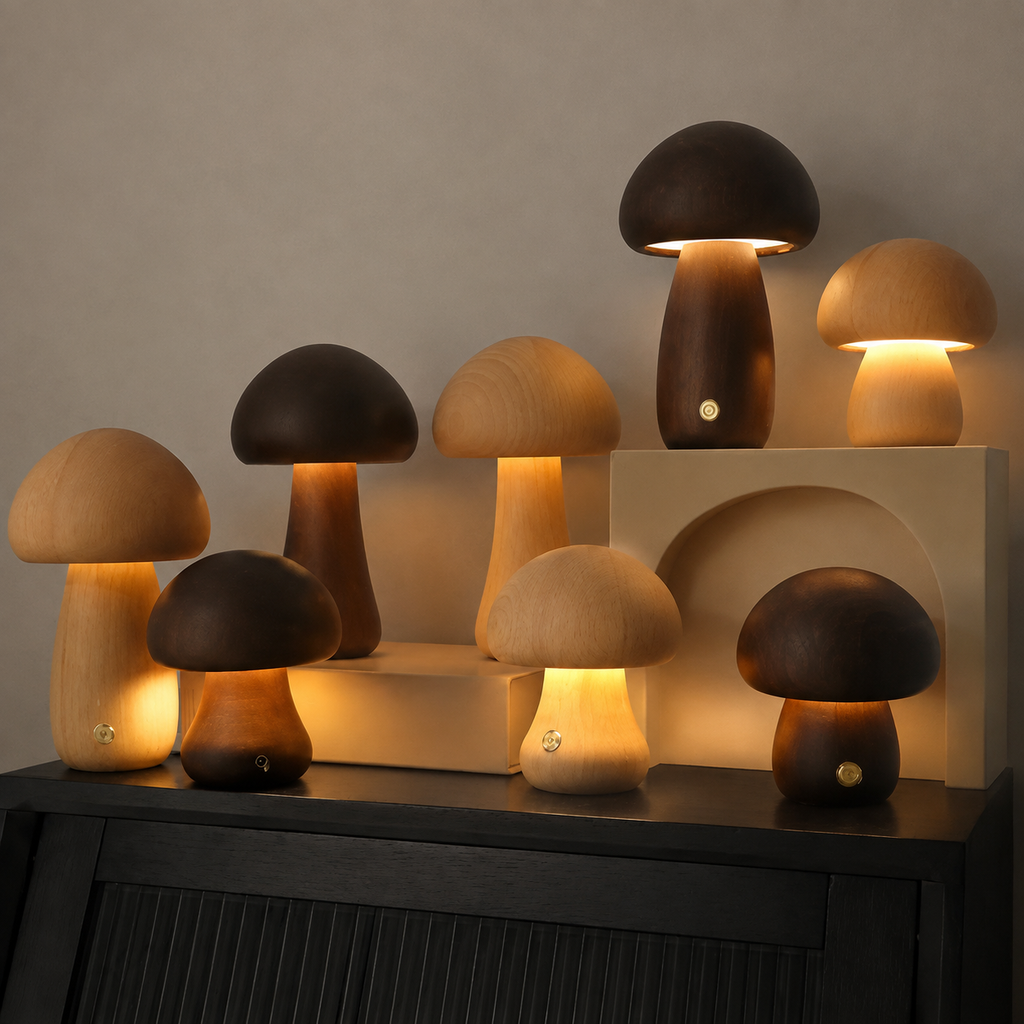 Table Lamp, Dimmable Mushroom Design, Wood, Dark Or Light Brown Finish 0