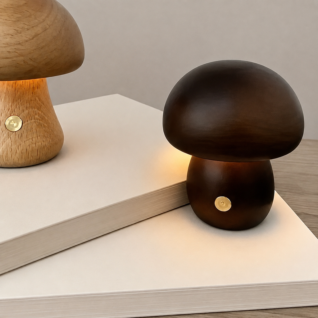Table Lamp, Dimmable Mushroom Design, Wood, Dark Or Light Brown Finish 2