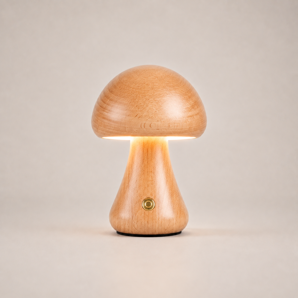 Table Lamp, Sculptural Mushroom Design, Wood And Metal, Dimmable Warm White LED 10