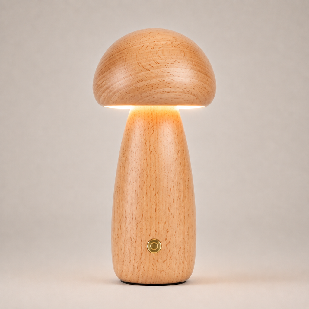 Table Lamp, Sculptural Mushroom Design, Wood And Metal, Dimmable Warm White LED 11