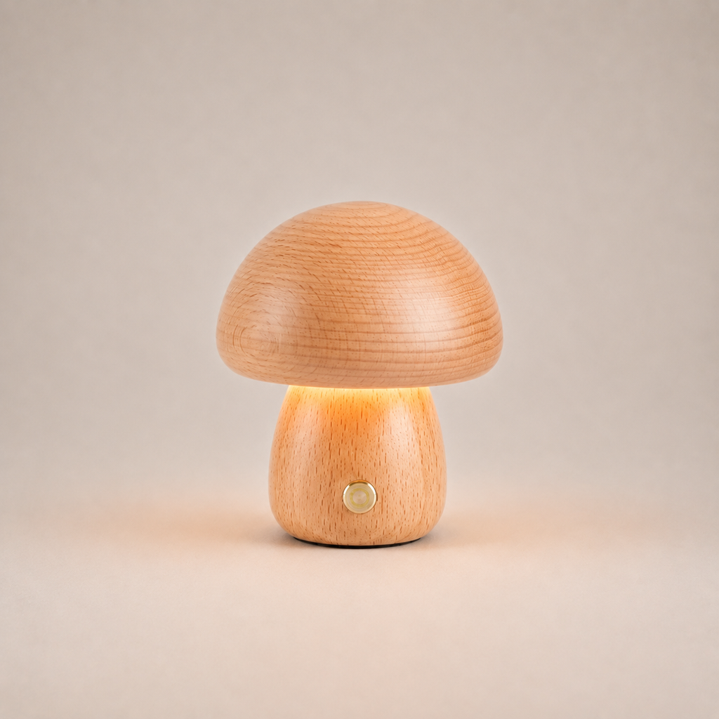 Table Lamp, Sculptural Mushroom Design, Wood And Metal, Dimmable Warm White LED 12