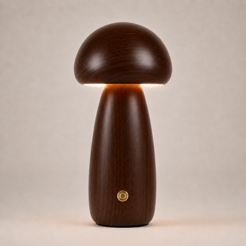 Table Lamp, Sculptural Mushroom Design, Wood And Metal, Dimmable Warm White LED 9