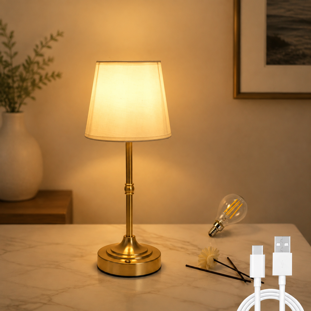 Table Lamp | Cordless Touch Dimmable LED, Metal And Fabric, Brushed Gold 8