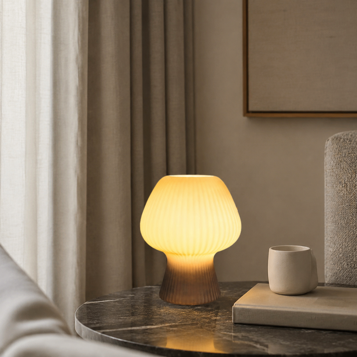 Table Lamp | Ribbed Mushroom Bedside Light, Glass, Smoke Gray Or White 3