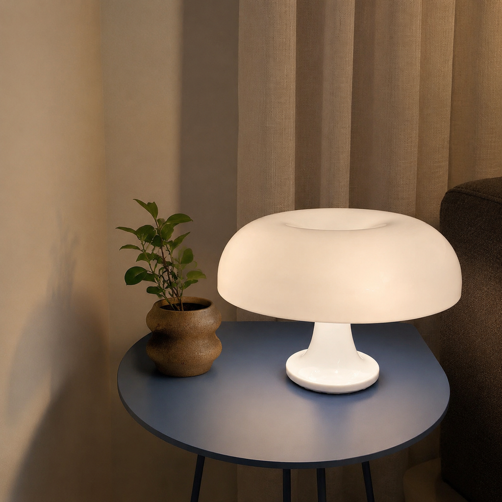 Table Lamp | Scandinavian Mushroom Design, Plastic Dome Shade, White 1
