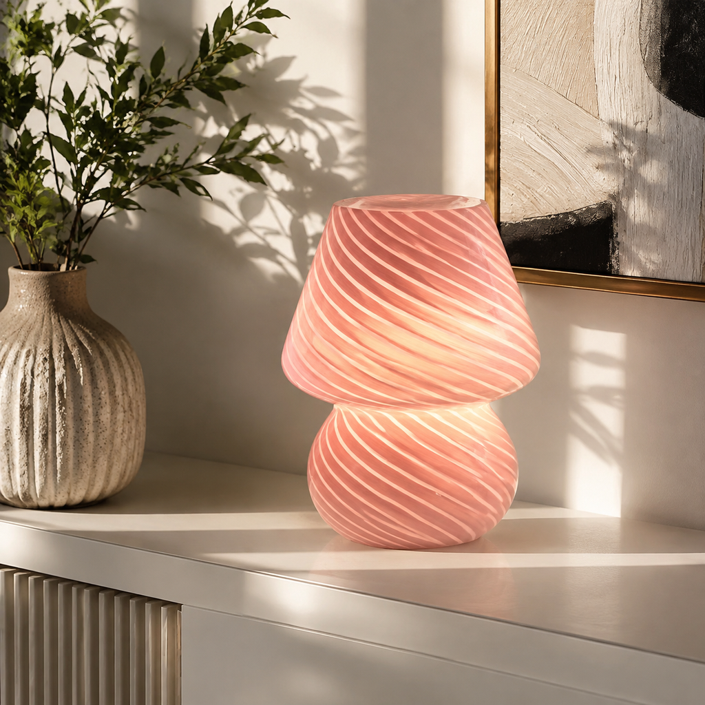 Table Lamp | Swirled Mushroom Design, Glass, White Pink And Beige 1
