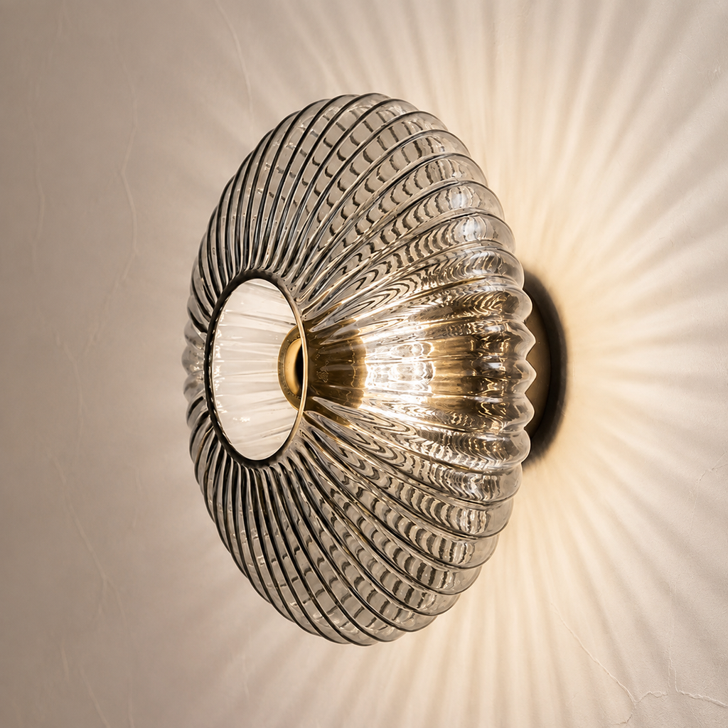 Wall Sconce | Retro Ribbed Glass LED Light, Stone Finish, Smoke Gray 0