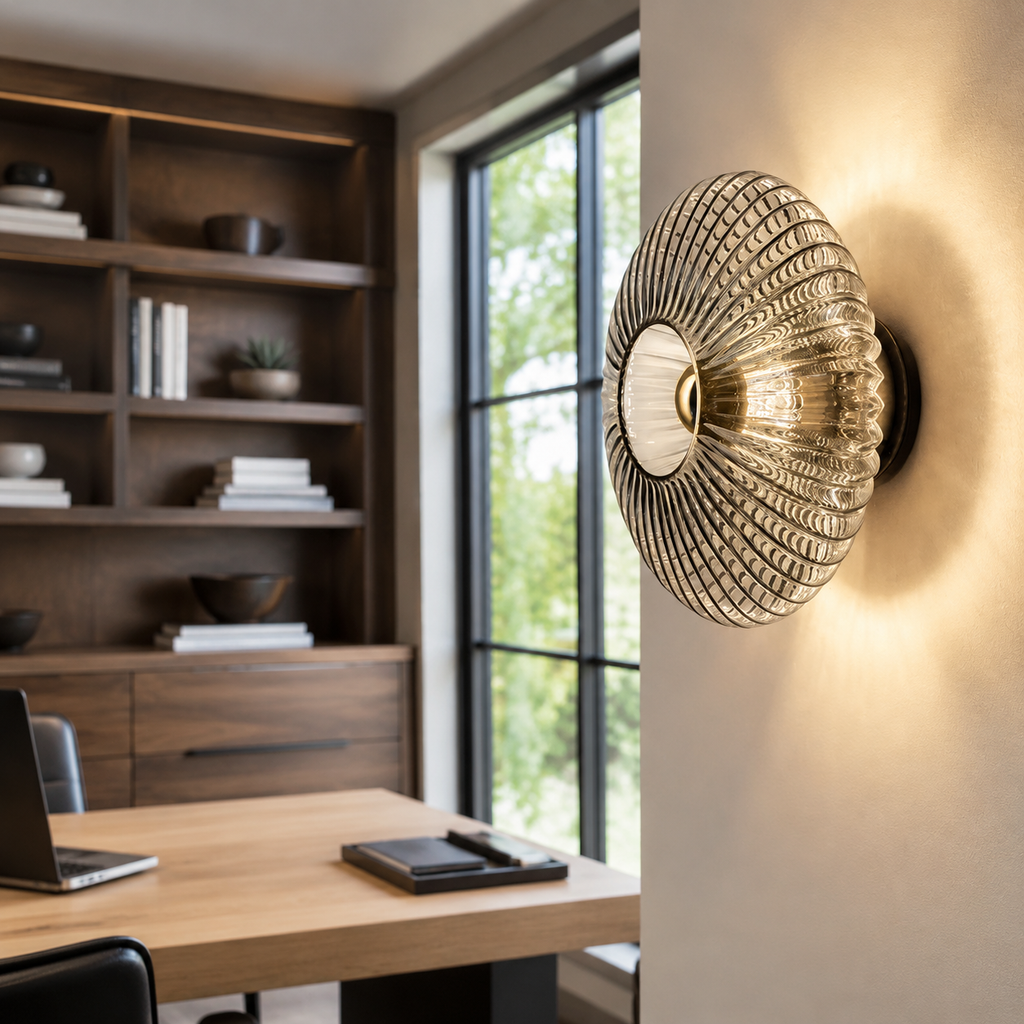 Wall Sconce | Retro Ribbed Glass LED Light, Stone Finish, Smoke Gray 3