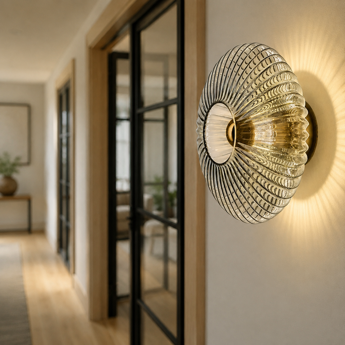 Wall Sconce | Retro Ribbed Glass LED Light, Stone Finish, Smoke Gray 4