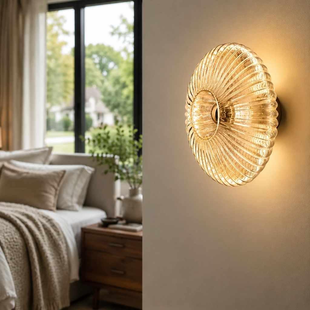 Wall Sconce | Retro Ribbed Glass LED Light, Stone Finish, Smoke Gray 8